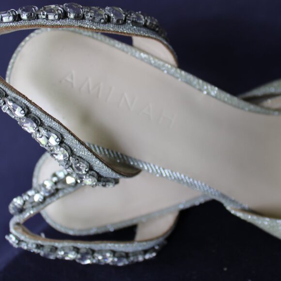 AMINAH Abdul Jillil SOLEIL SLINGBACK rhinestone stilleto metallic silver heels - Picture 10 of 10
